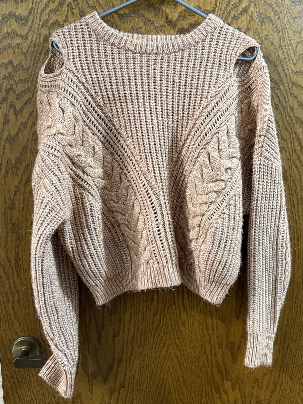 Express Women’s Large Tan Cable Knit Cd Shoulder Sweater Cozy Warm